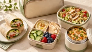 Back-to-school lunches with a turkey wrap, chicken pasta salad, hummus pita box, and warm chicken fried rice