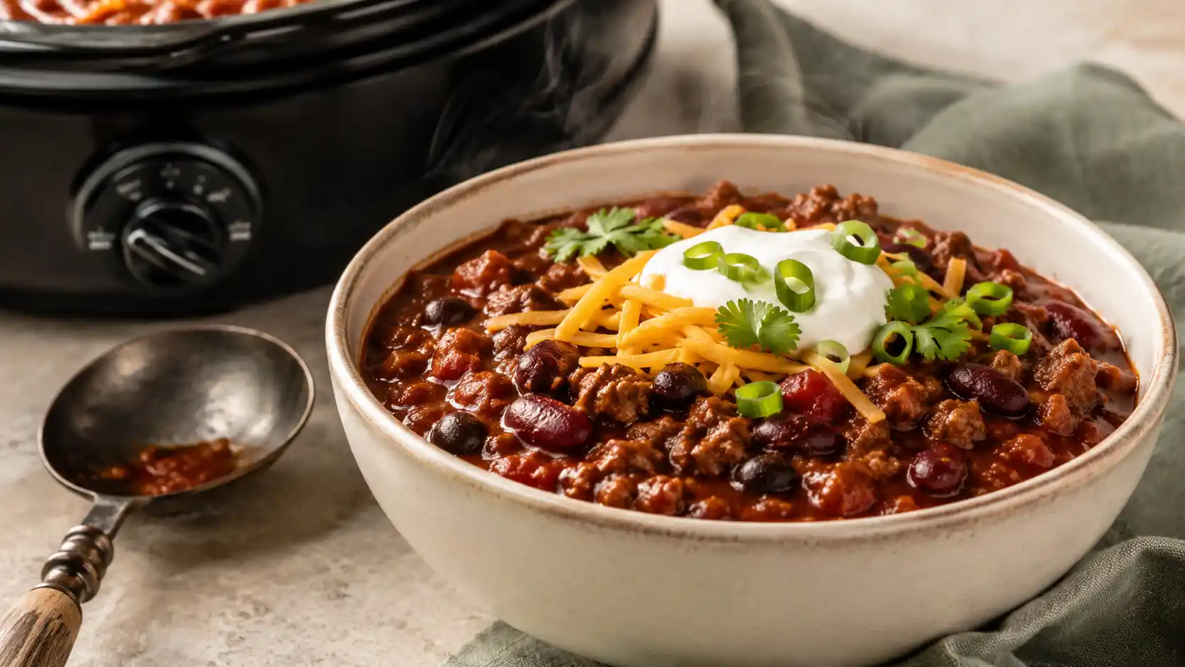 Thick crockpot chili with ground beef, kidney beans, black beans, tomatoes, cheddar, and green onions.