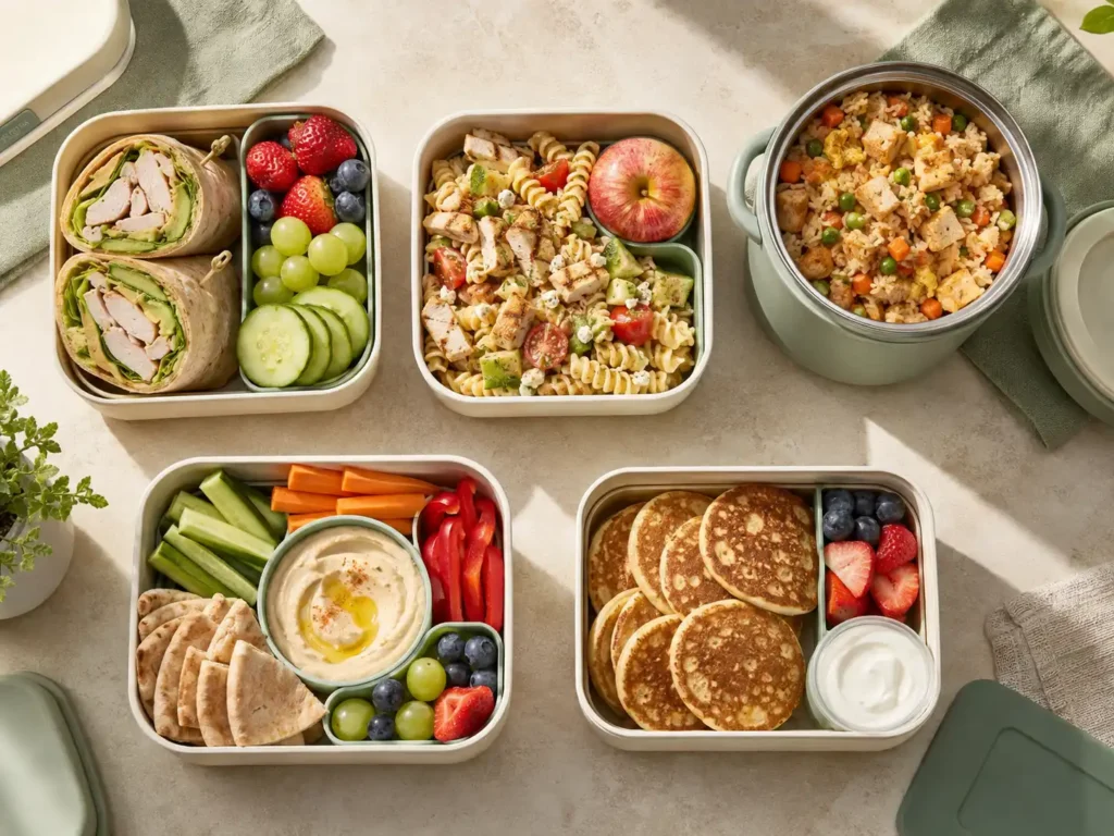 Five-day school lunch rotation with a turkey wrap, chicken pasta salad, fried rice, hummus pita box, and banana pancakes