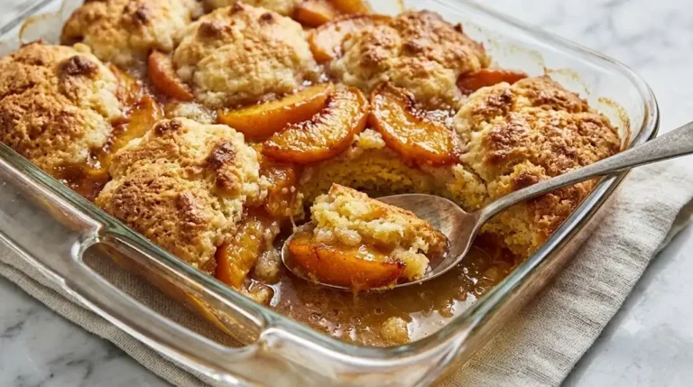Fresh peach cobbler with golden buttermilk biscuit topping in a baking dish