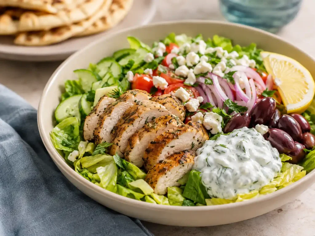 Greek chicken salad with sliced chicken, romaine, cucumber, tomatoes, feta, olives, and tzatziki