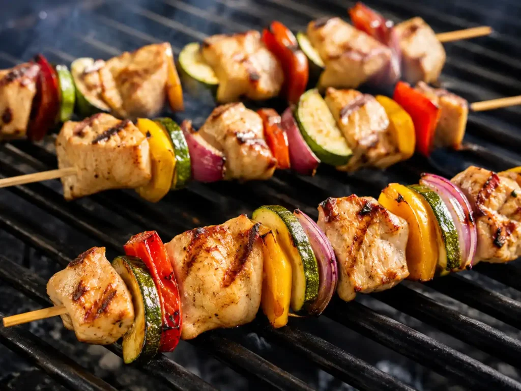 Grilled chicken kabobs with bell peppers, red onion, and zucchini on outdoor grill grates