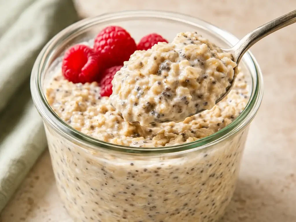 Close-up of thick overnight oats with visible rolled oats and chia seeds in a clear glass jar.