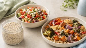 Overnight oats, Mediterranean chickpea salad, and roasted vegetable quinoa bowl arranged as three high-fiber meals.