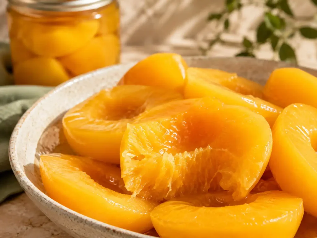 Close-up of glossy home-canned yellow peach halves showing their soft fruit texture