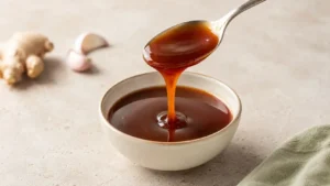Glossy homemade teriyaki sauce dripping from a spoon into a cream bowl