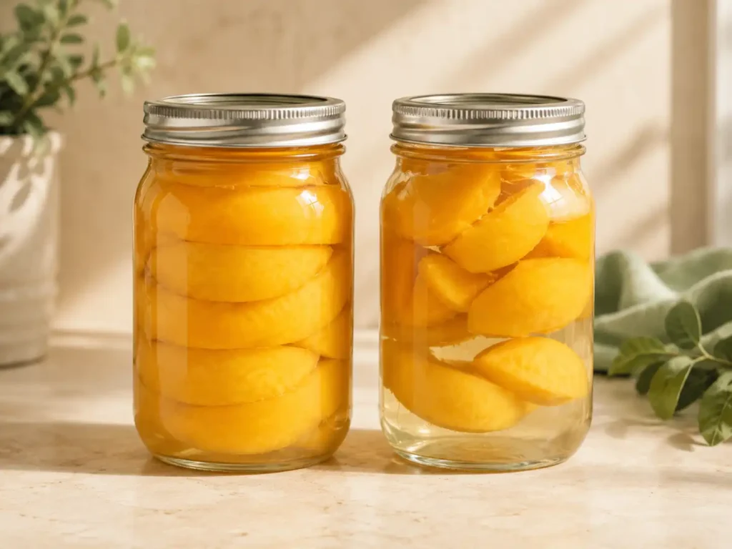 Side-by-side jars comparing hot-packed and raw-packed yellow peaches
