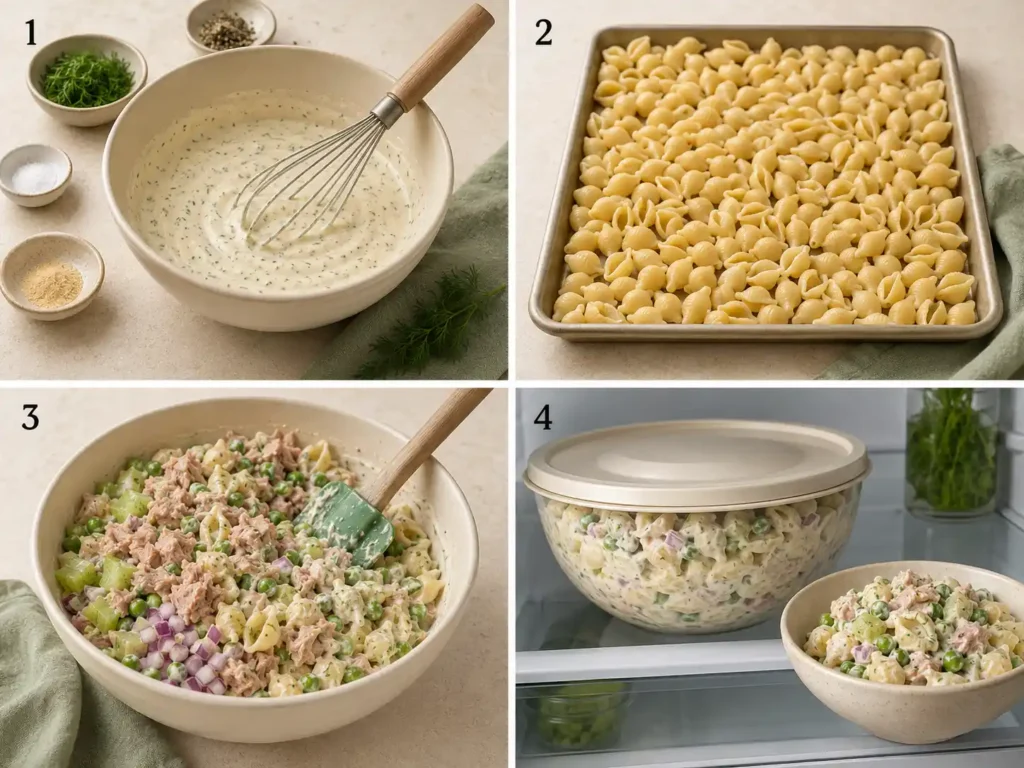 Four steps showing the dressing, cooled pasta, tuna pasta salad assembly, and reserved dressing
