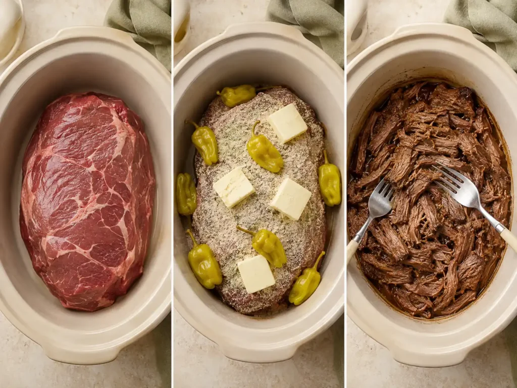 Three-step view of chuck roast being seasoned, slow-cooked, and shredded in a Crockpot