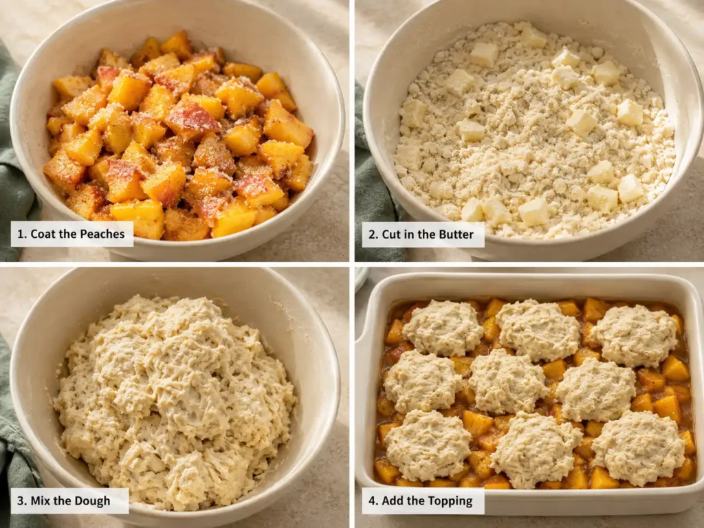 Four steps showing peach filling, biscuit dough, and peach cobbler assembly