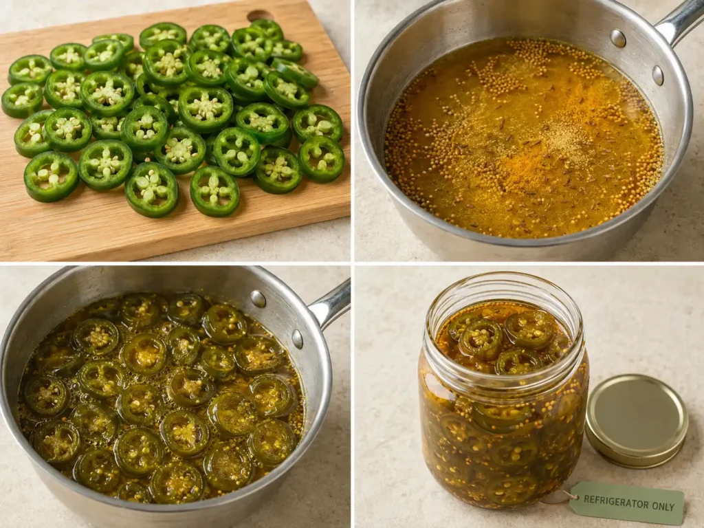 Four-step process for slicing jalapeños, making vinegar syrup, cooking peppers, and filling a refrigerator jar