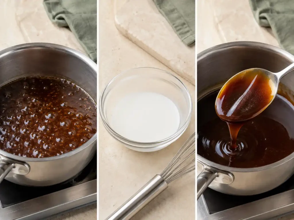 Three stages of making teriyaki sauce from simmering base to spoon-coating glaze