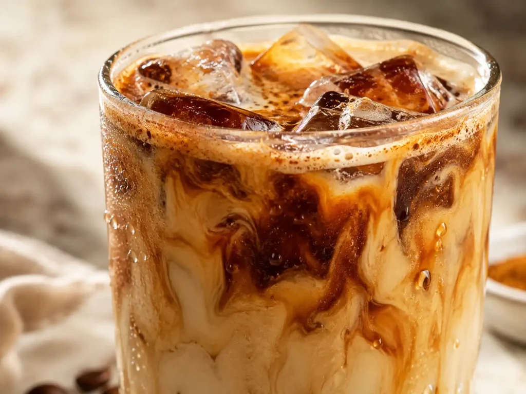 Extreme close-up of iced shaken espresso with oatmilk, cinnamon, foam, and condensation