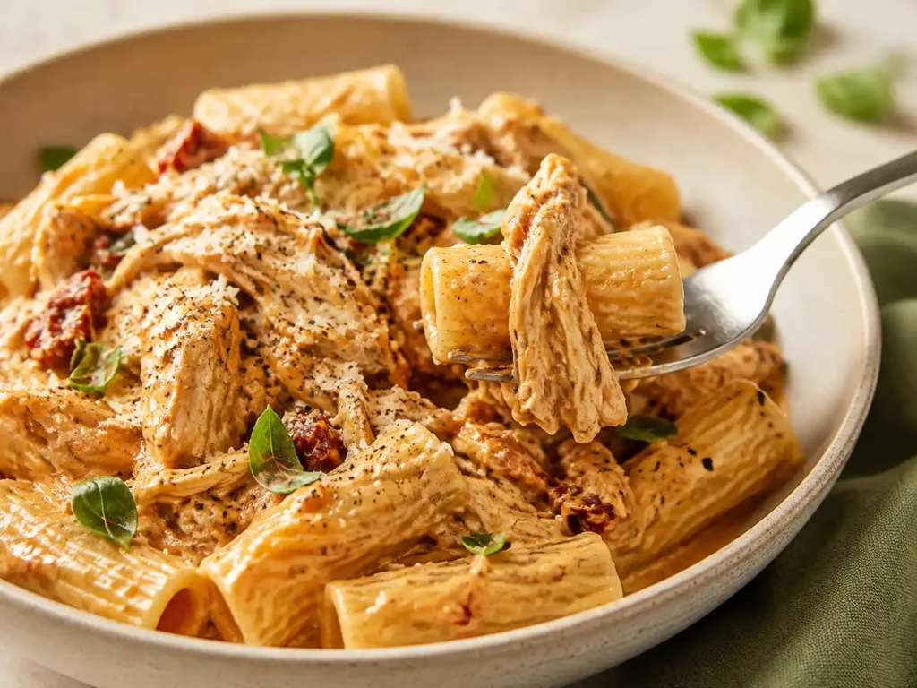 Creamy Marry Me chicken pasta with cooked chicken, sun-dried tomatoes, Parmesan, and fresh basil.