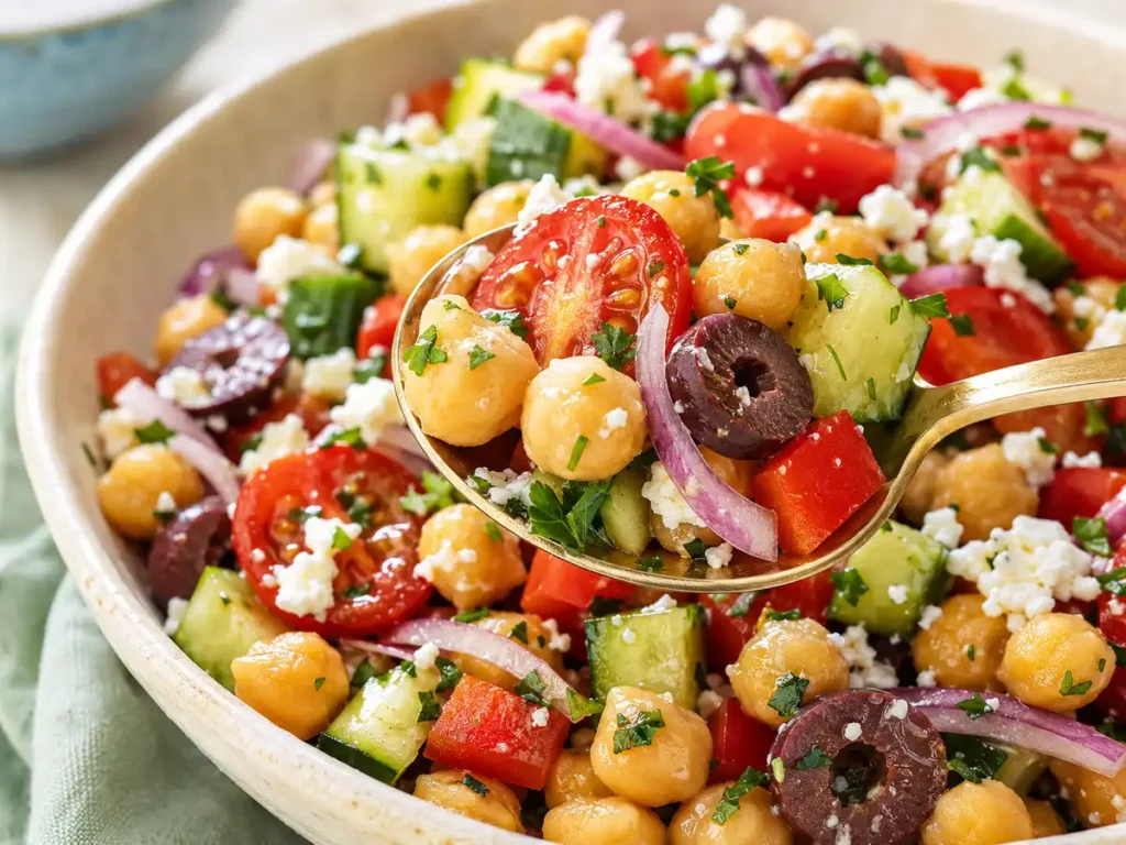 Mediterranean chickpea salad with cucumber, tomatoes, bell pepper, olives, feta, herbs, and lemon dressing.
