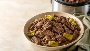Shredded Mississippi pot roast with pepperoncini in a cream bowl beside the slow cooker