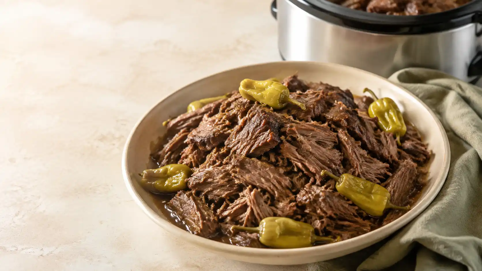 Shredded Mississippi pot roast with pepperoncini in a cream bowl beside the slow cooker