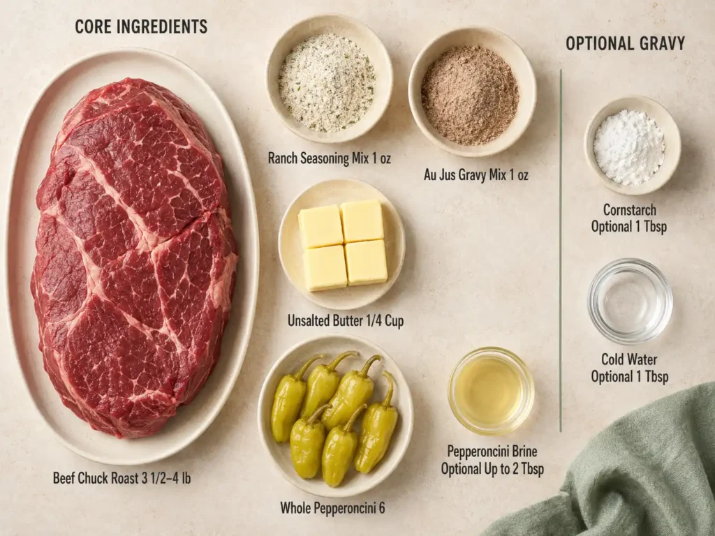 Labeled Mississippi pot roast ingredients including chuck roast, seasoning mixes, butter, pepperoncini, brine, cornstarch, and water