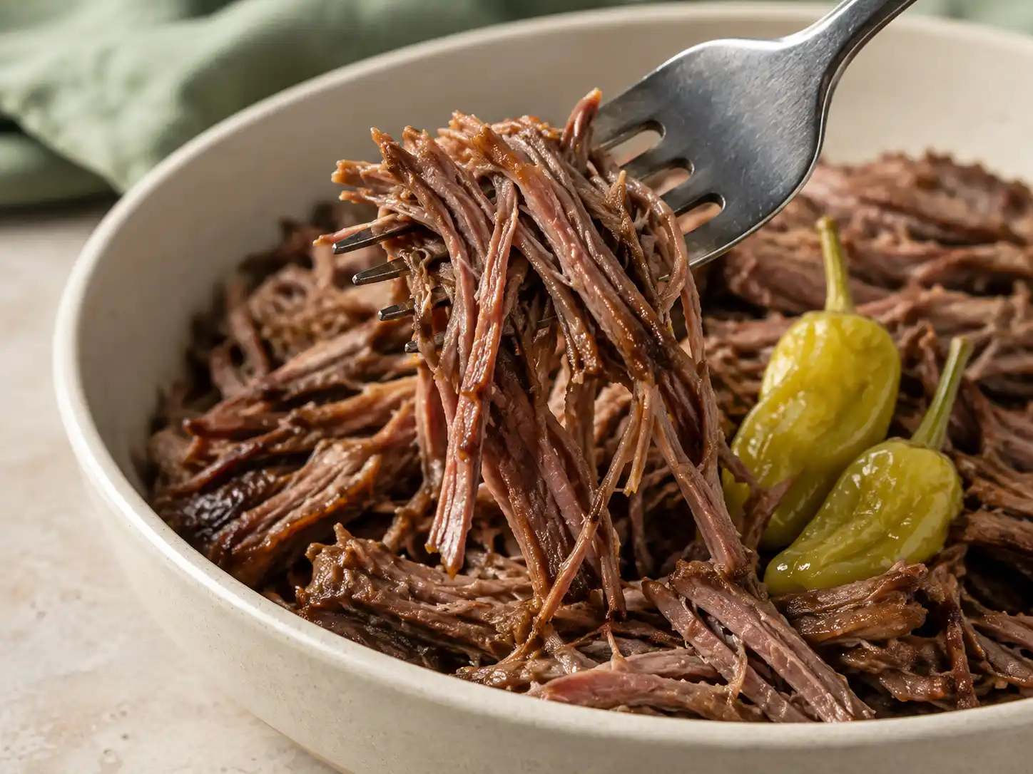 Close-up of a fork lifting tender shredded Mississippi pot roast coated in savory juices