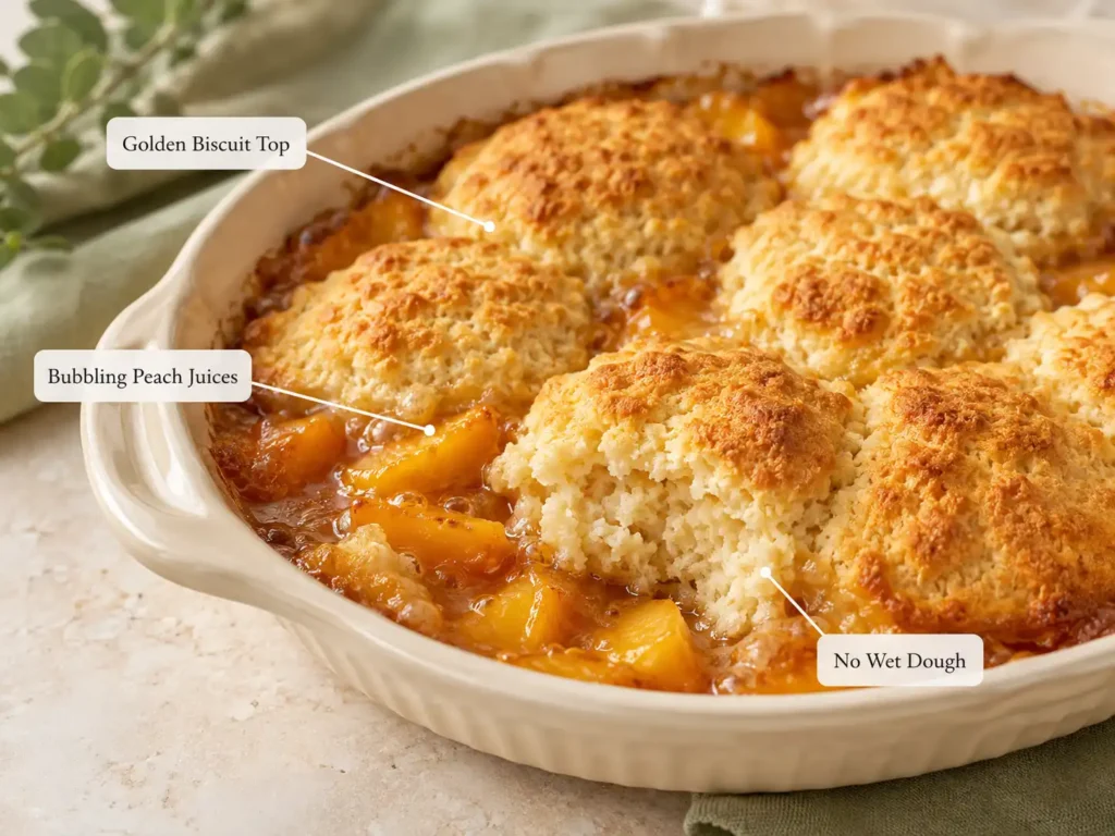 Golden peach cobbler with bubbling fruit filling and baked biscuit centers