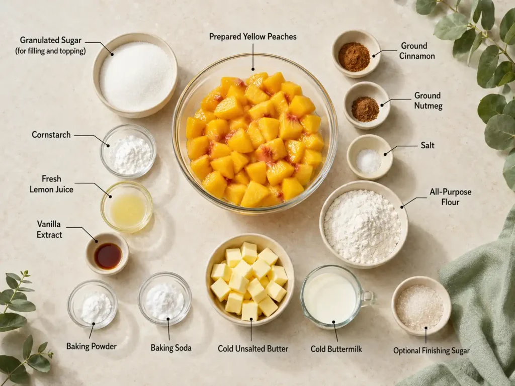 Labeled ingredients for fresh peach cobbler with buttermilk biscuit topping