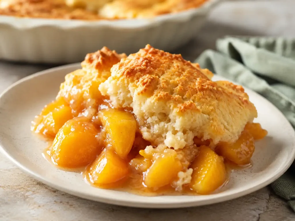Close-up of peach cobbler with tender biscuit topping and thickened peach filling