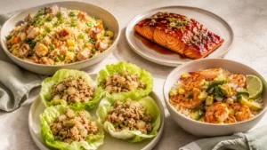 Quick dinner ideas featuring chicken fried rice, glazed salmon, chicken lettuce wraps, and a chili lime shrimp bowl.