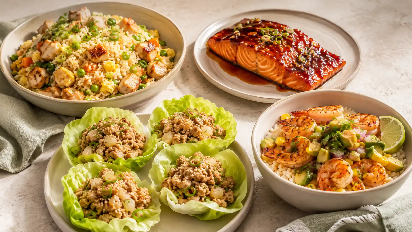 Quick dinner ideas featuring chicken fried rice, glazed salmon, chicken lettuce wraps, and a chili lime shrimp bowl.