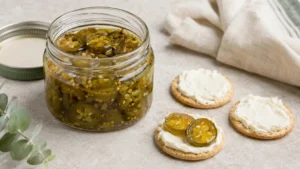 Open jar of refrigerator cowboy candy with glossy candied jalapeño rings and cream cheese crackers