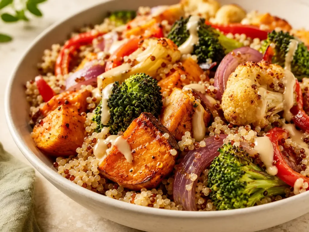 Close-up of quinoa with roasted sweet potato, broccoli, cauliflower, peppers, red onion, and tahini dressing.
Close-up of quinoa with roasted sweet potato, broccoli, cauliflower, peppers, red onion, and tahini dressing.