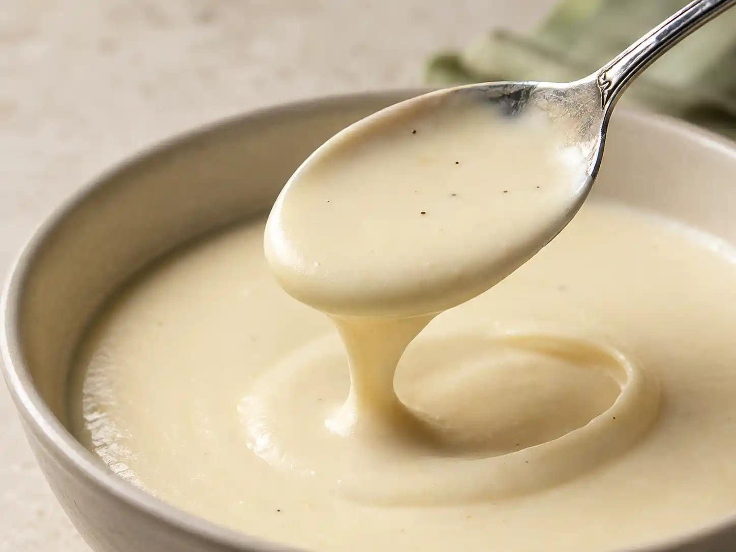 Close-up of silky Alfredo sauce coating a spoon without lumps or separation