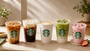 Selection of iced coffee, hot coffee, matcha, chai, and fruit drinks in unbranded cups