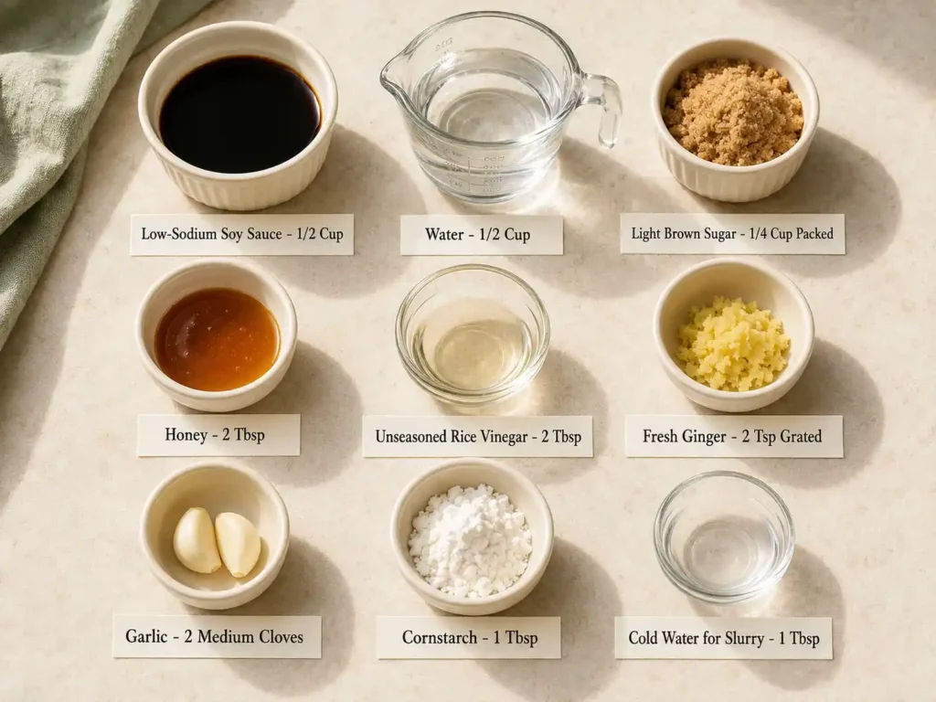 Labeled ingredients for homemade teriyaki sauce arranged in individual bowls