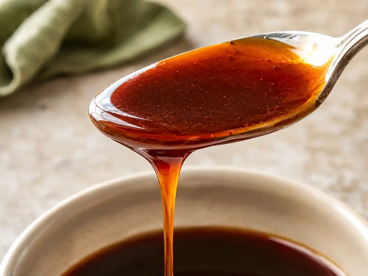 Close-up of thick teriyaki sauce coating a spoon and falling in a short ribbon