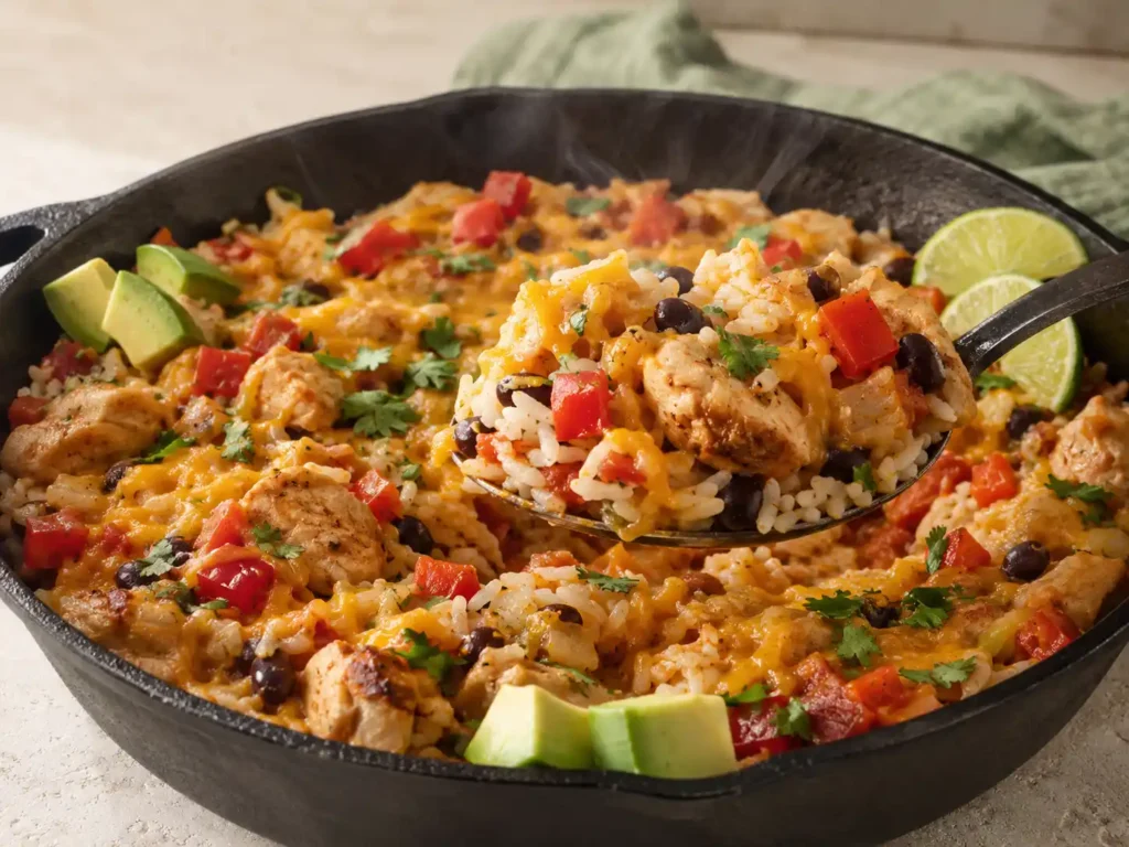 Close-up of Tex-Mex chicken and rice with black beans, bell pepper, tomatoes, and melted cheddar in a skillet