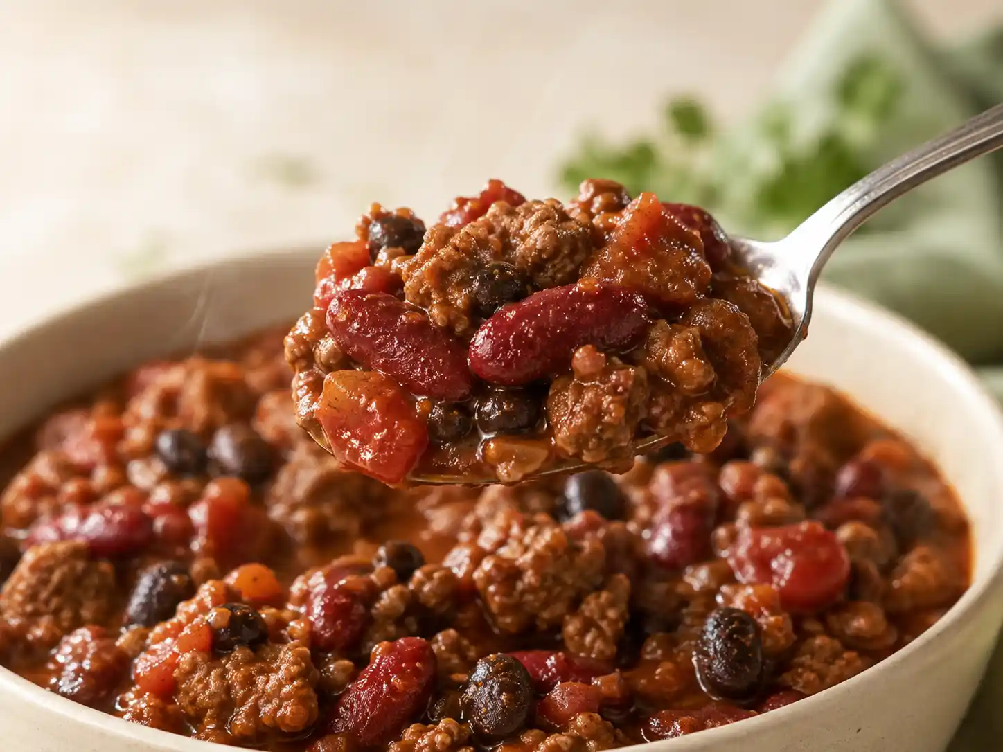 Close-up of thick crockpot chili with ground beef, kidney beans, black beans, and tomato sauce clinging to a spoon.
