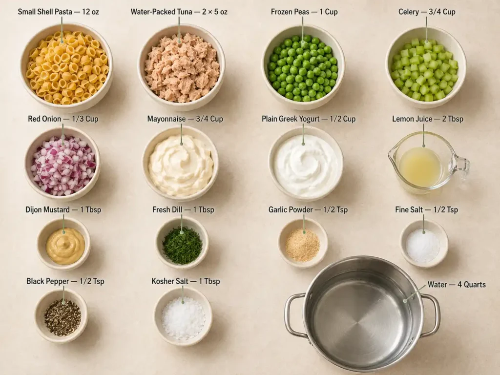 Labeled ingredients for creamy tuna pasta salad with peas