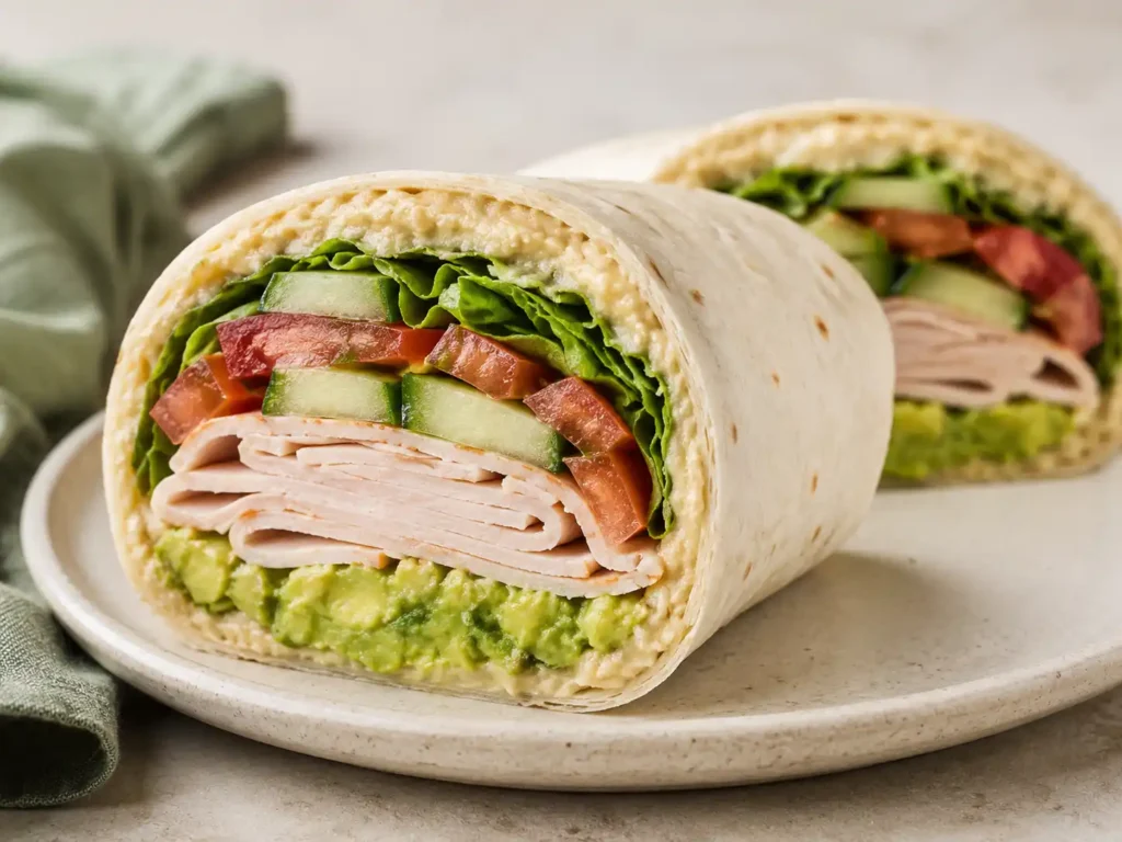 Sharp close-up of a sliced turkey avocado wrap with hummus, cucumber, tomato, and greens