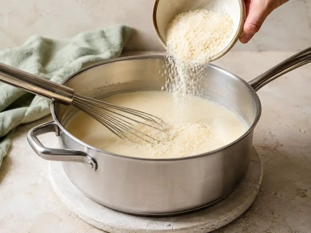 Finely grated Parmesan being whisked gradually into Alfredo sauce away from direct heat